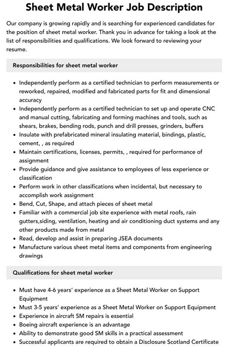 sheet metal qualifications|sheet metal duties and responsibilities.